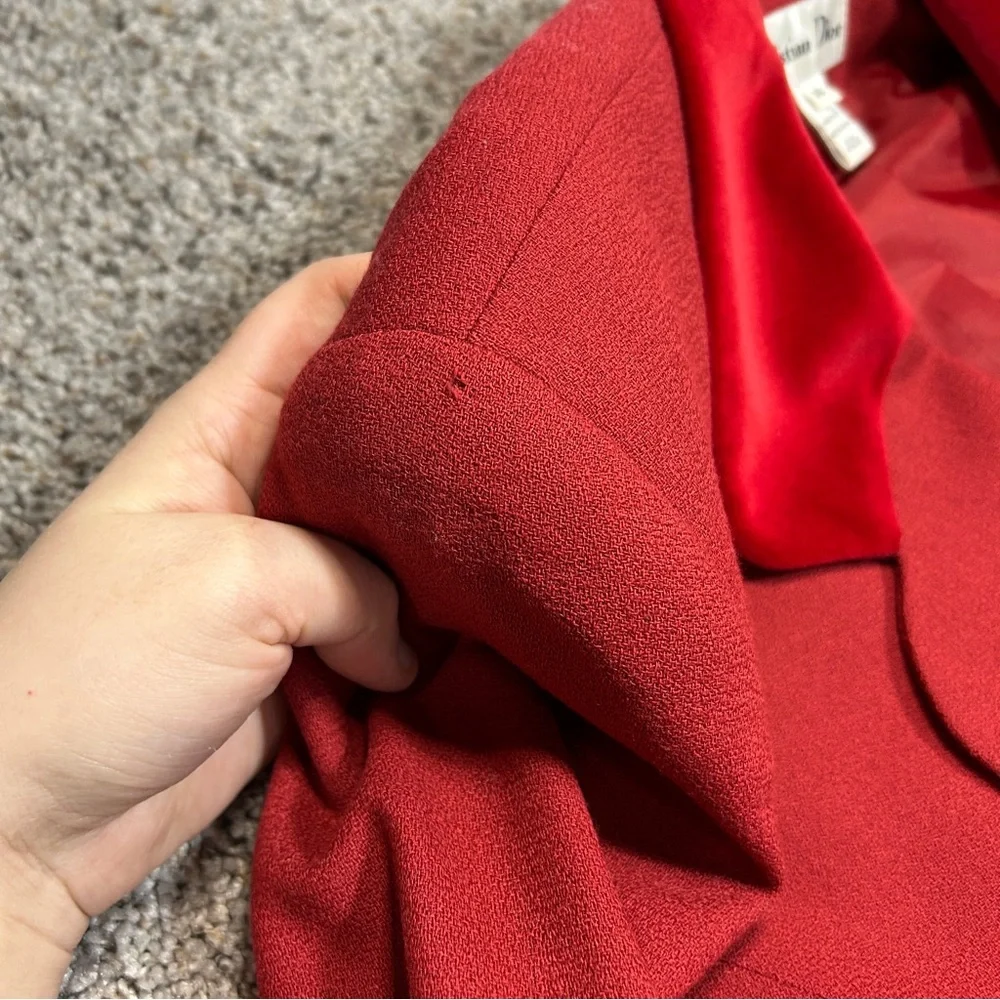 Vintage Christian Dior Double Breasted Red Wool Suit Jacket and Skirt Size 14